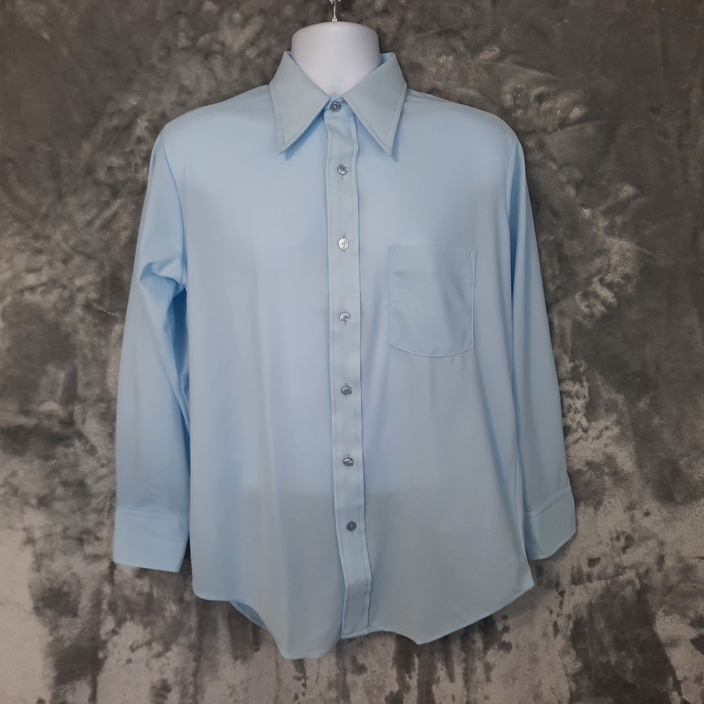 Vintage 70s JC Penney No Iron Shirt Mens Large Blue Polyester Lightweight Disco‎